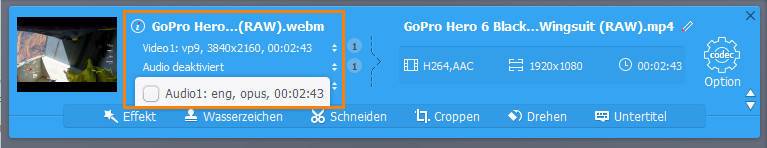 GoPro 4K Video verkleinern durch Entfernen der Audiospur