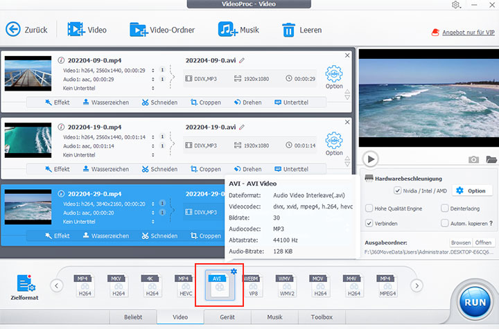 MP4 Dateien in AVI umwandeln mit VideoProc Converter AI
