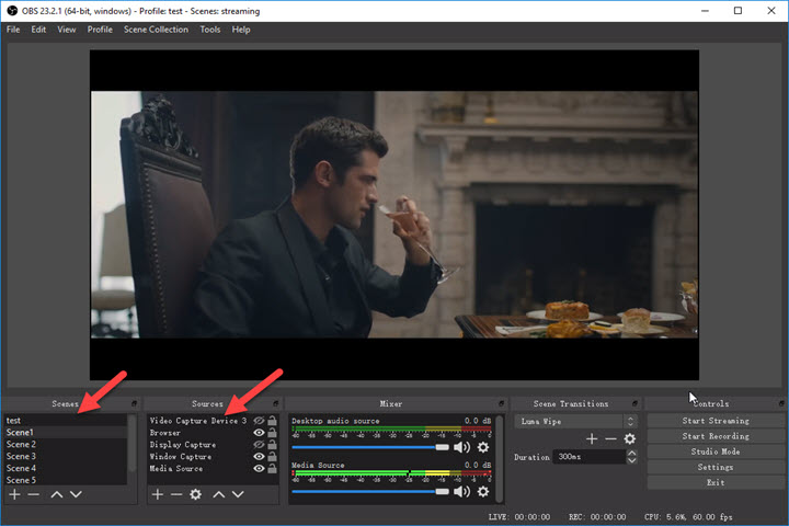 add scene and source in OBS