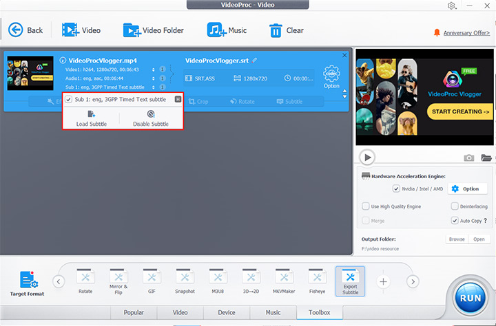 Add a Video with Subtitle Track in VideoProc Converter AI