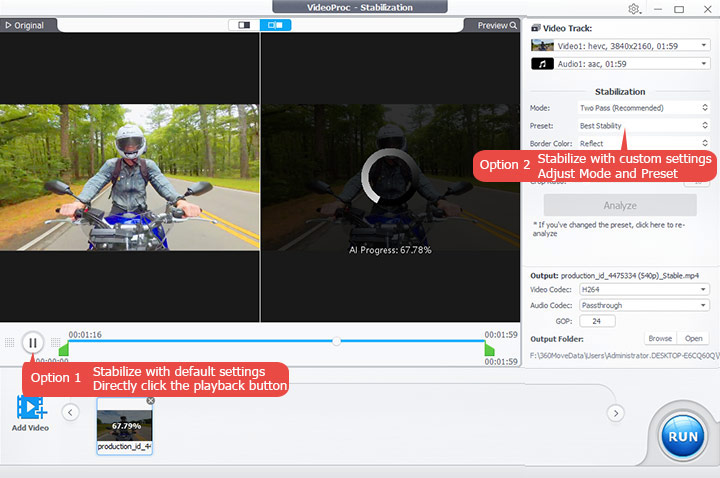 Stabilize video with VideoProc Converter AI 1