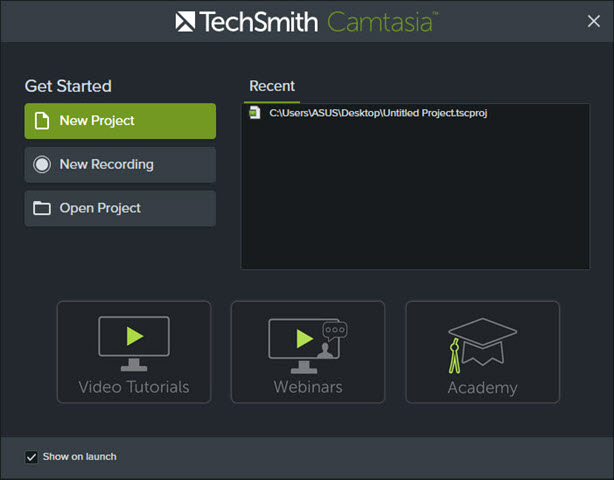 Camtasia initial panel