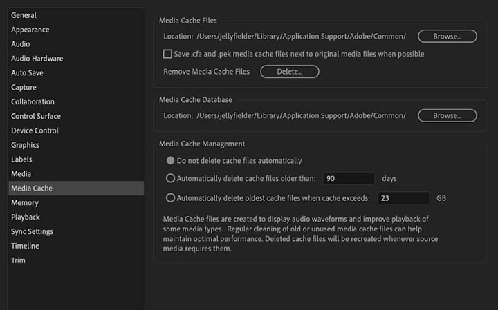Clear cache files in Premiere Pro to fix encoding stuck