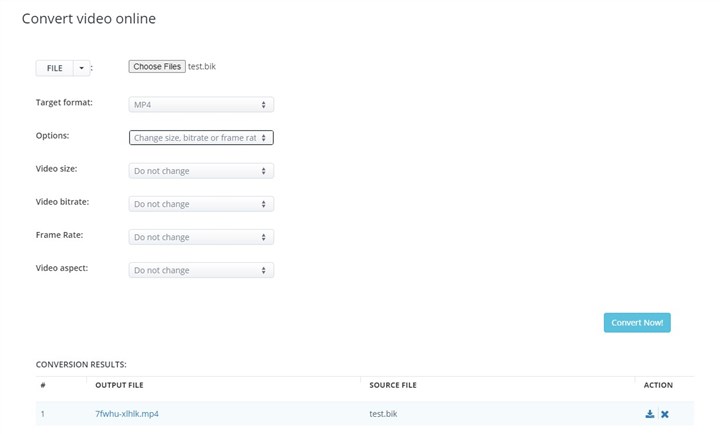 convert BIK to MP4 in Aconvert
