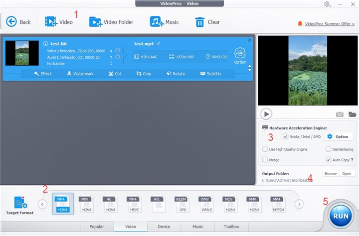 convert BIK to MP4 in VideoProc