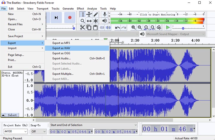 MP4 in WAV - Audacity