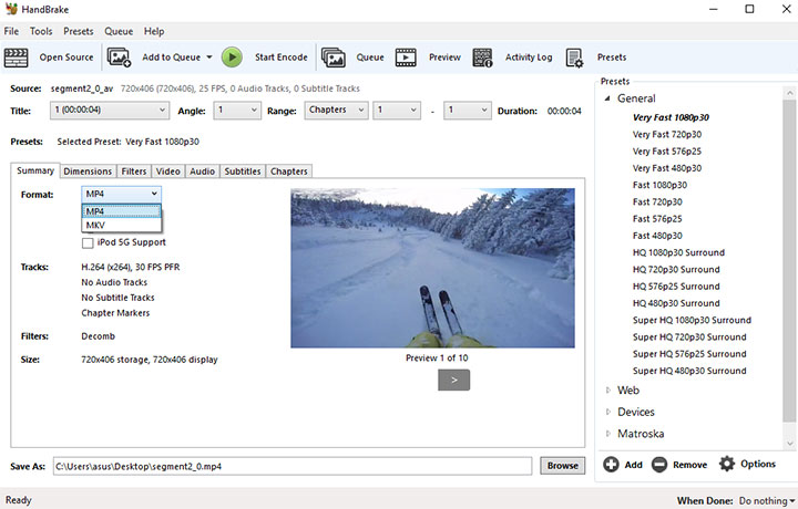 Convert TS video to MP4 with HandBrake