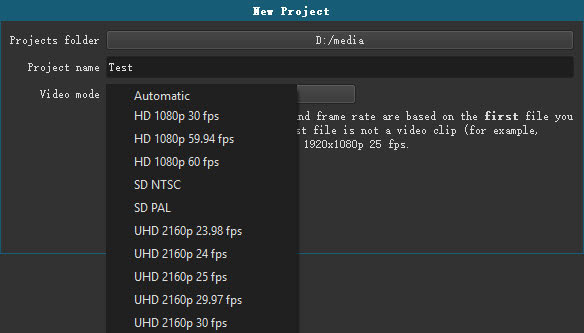 Creat New Project in Shotcut