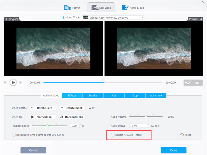 Disable all audio tracks in VideoProc