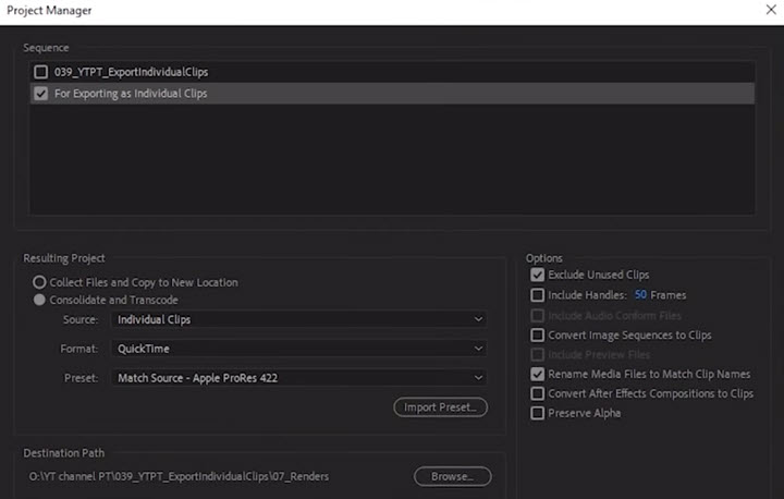 Export individual clips from Premiere Pro