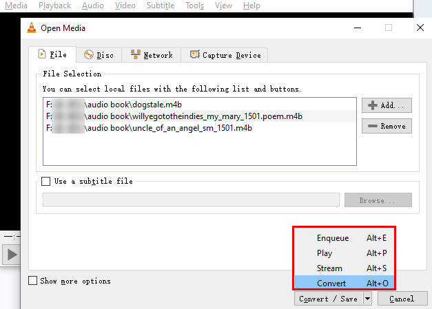 Import M4B in VLC to Convert