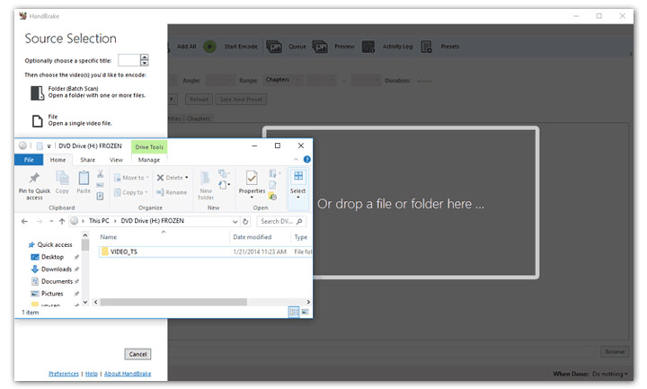 Zieht die VIDEO_TS-Datei und legt sie in HandBrake ab