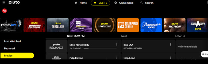 PlutoTV Interface