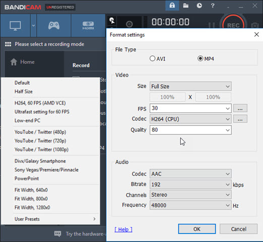 set up the recording settings in Bandicam