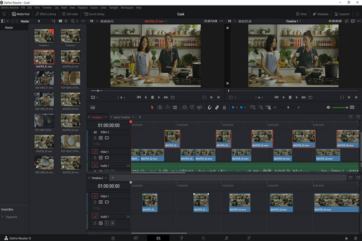 The dual timelines in DaVinci Resolve