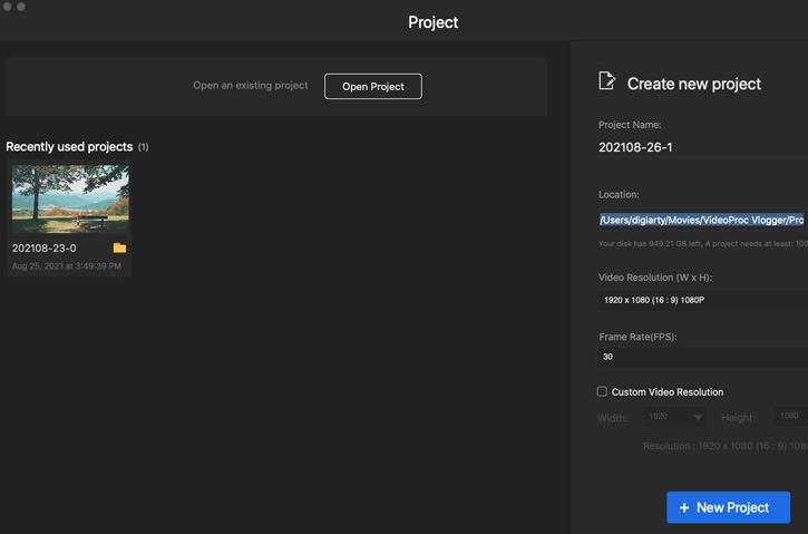 Start a project in VideoProc Vlogger for audio editing