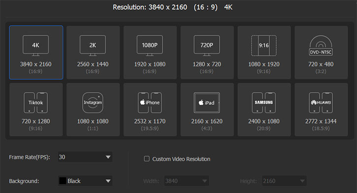 Set frame rate and resolution in VideoProc Vlogger